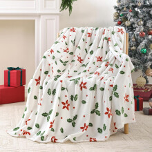 Red Floral & Green Leaf Printed Fleece Blanket - Ultra Soft Plush Microfiber Throw for Sofa, Sofa Bed & Home Decoration, All-Season Warm Cozy Blanket