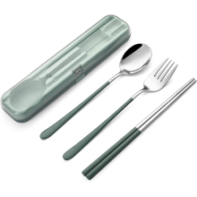 Portable reusable tableware set for travel and camping - 18/8 stainless steel 4-piece lunch Kit: Fork, spoon and Chopsticks (green)