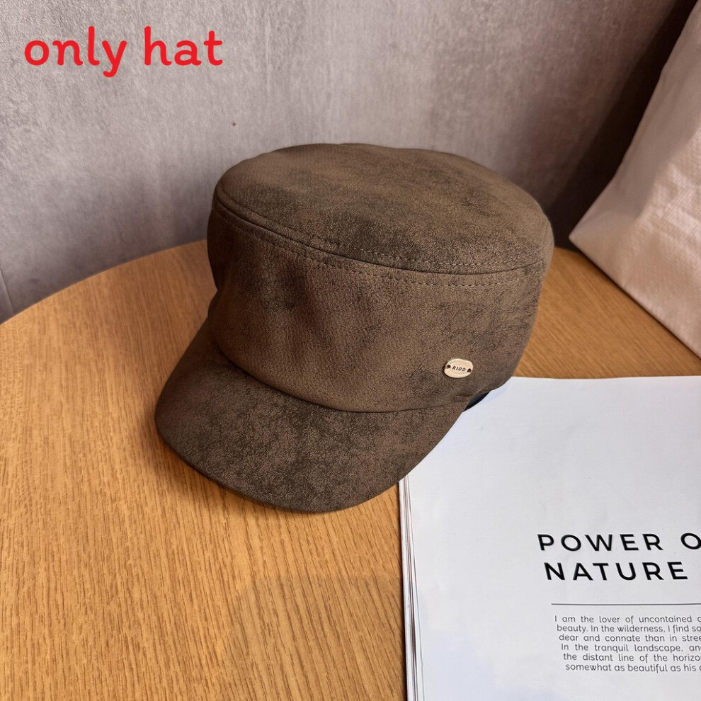 (Khaki) Color Solid Simple Gold Logo Decor Women Casual Suede Beret Hat For Fall-image-OPC-PK62JMQ-NEW