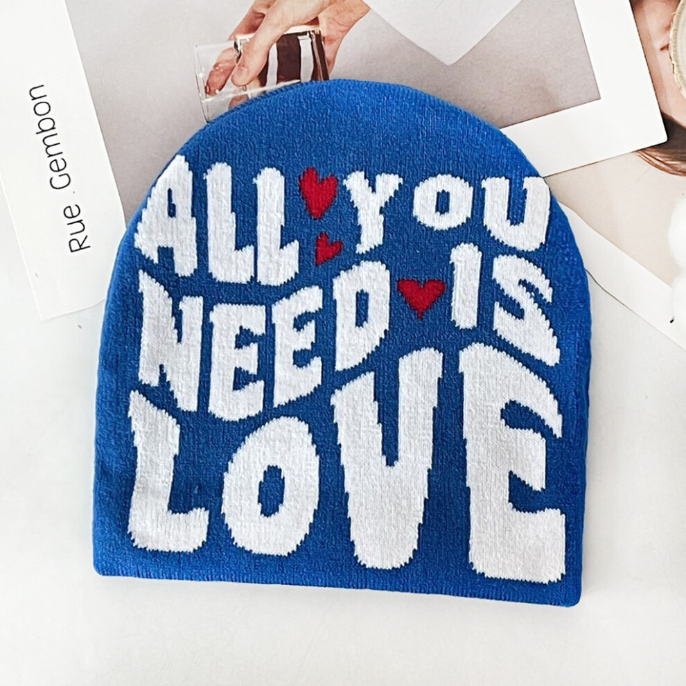 (Blue) Blocked Color Simple Letter And Heart Pattern Women Casual Warm Knitted Hat-image-OPC-PK62XQC-NEW