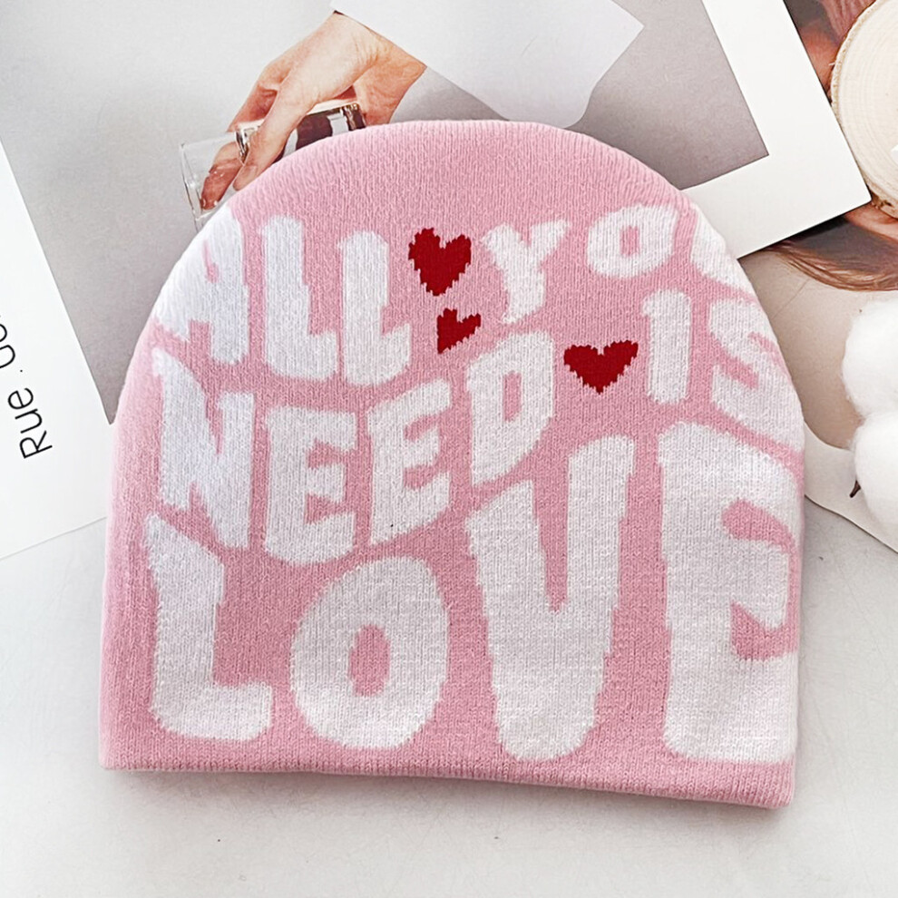 (Pink) Blocked Color Simple Letter And Heart Pattern Women Casual Warm Hat Knitted-image-OPC-PK62XZT-NEW