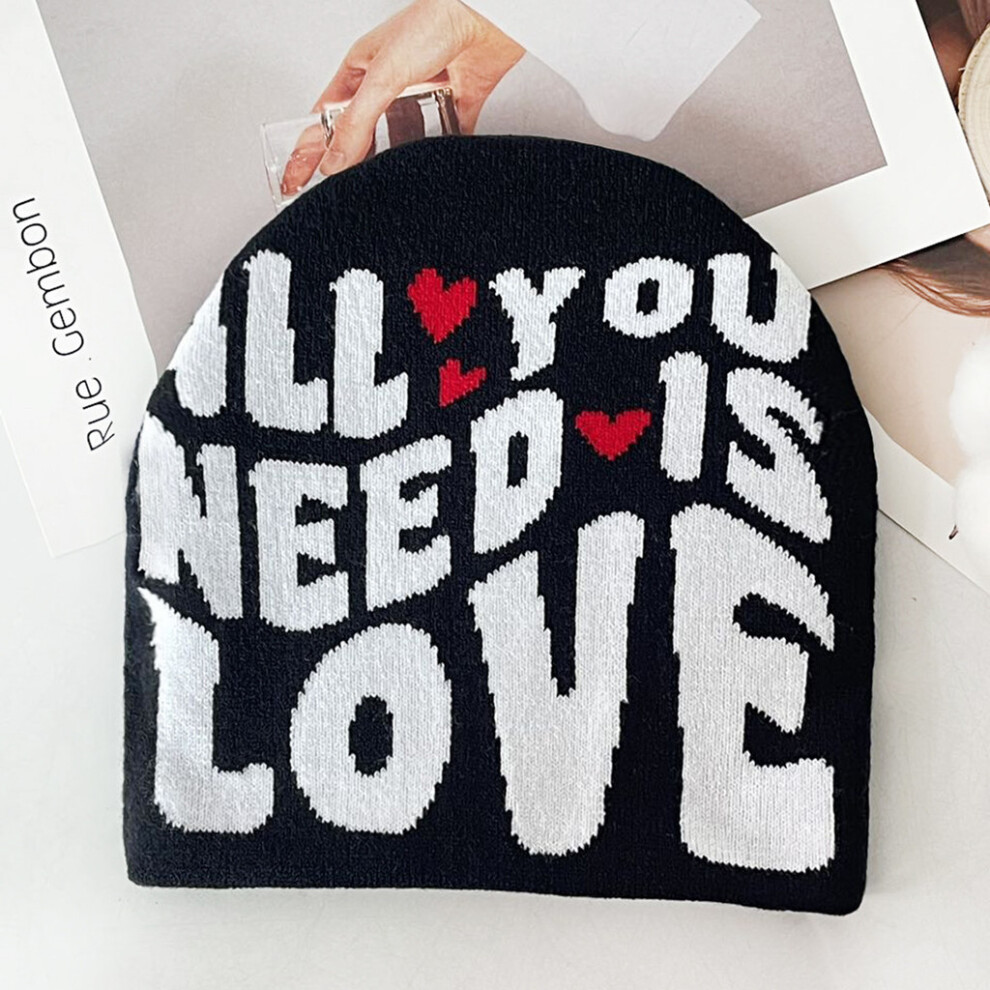 (Black) Blocked Color Simple Letter And Heart Pattern Women Casual Warm Knitted Hat-image-OPC-PK62YXY-NEW