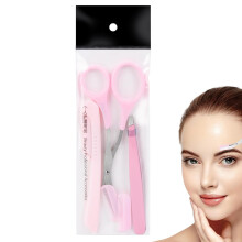 Eyebrow Cutter for Women Set, 3-Piece Stainless Steel Eyebrow Scissors, Portable Non-Slip Pink Eyebrow Care Tools