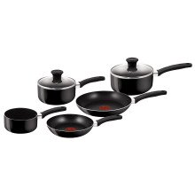 Tefal Delight 5 Piece Non Stick, Aluminium, (14 cm Milk, 16/18 cm Saucepans with Lids, 20/24 cm Frying pan), Black, All hobs Compatible excluding
