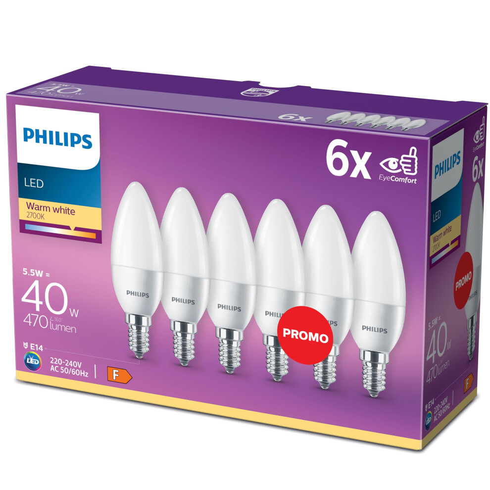 Philips LED E14 Candle Light Bulbs, 5.5 W (40 W) - Warm White, Pack of 6-image-OPC-PK65DTD-NEW