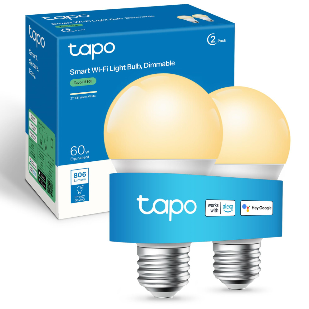 Tapo L510e (2-Pack) E27 Smart Bulb, Alexa Light Bulb, Wifi Smart Light Bulb, Dimmable, 8.3W (60W), Schedule & Timer, Away Mode, Energy Saving, Preset