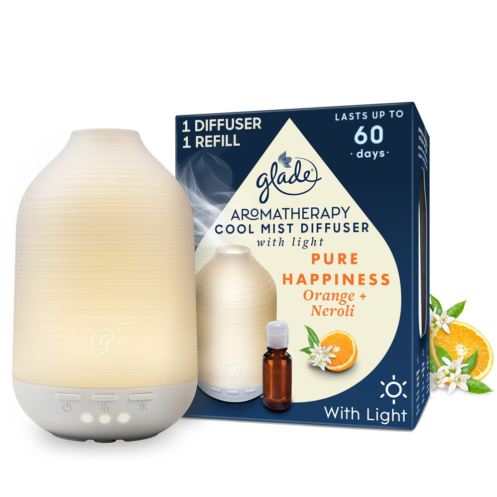 Glade Essential Oil Diffuser Holder & Refill, Cool Mist Aromatherapy Diffuser & Air Freshener For Home, Pure Happiness With + Neroli, 1 Holder Orange