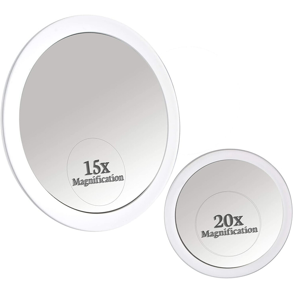 Mirrorvana 20X & 15X Magnifying Mirror Combo Set With 3 Stick On Suction Cups For Makeup And Tweezing Eyebrows - Compact Handheld Design & Travel Ready