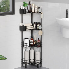 Orimade Corner Shower Caddy Freestanding 4 Tier,Rustproof Floor Standing Bathroom Shelf with Adjustable Feet,Storage Stands with Hooks for Bathroom,