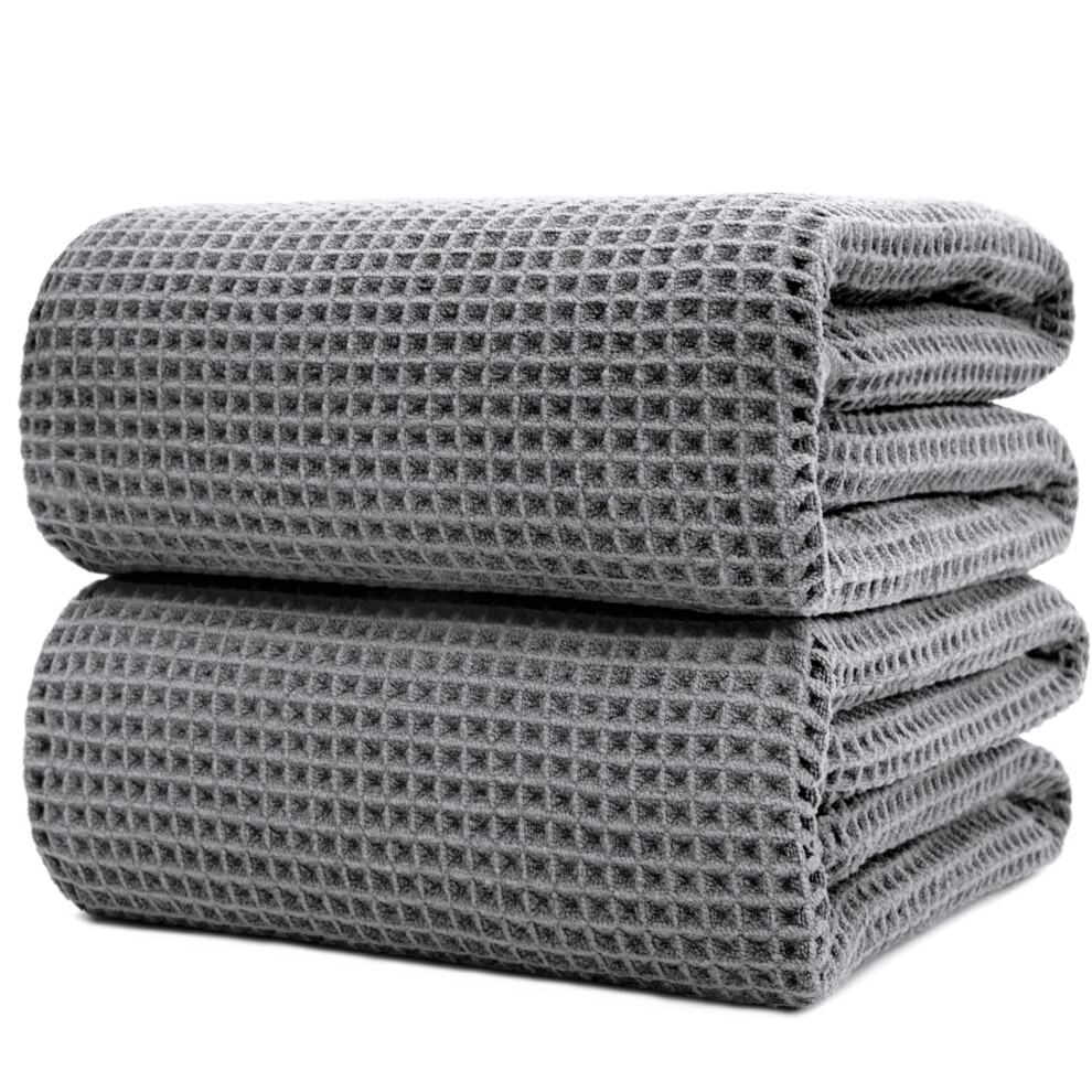 POLYTE Microfibre Quick Dry Lint Free Bath Sheet, 89 x 178 cm, Set of 2 (Gray, Waffle Weave)-image-OPC-PK65H5X-NEW