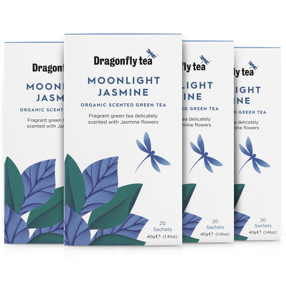 Dragonfly Moonlight Jasmine Green Tea, 80 Teabags (4 X 20) Organic Tea Bags, Jasmine Tea Bags, Fragrant Fine Green Tea Bags, Compostable Tea Bags