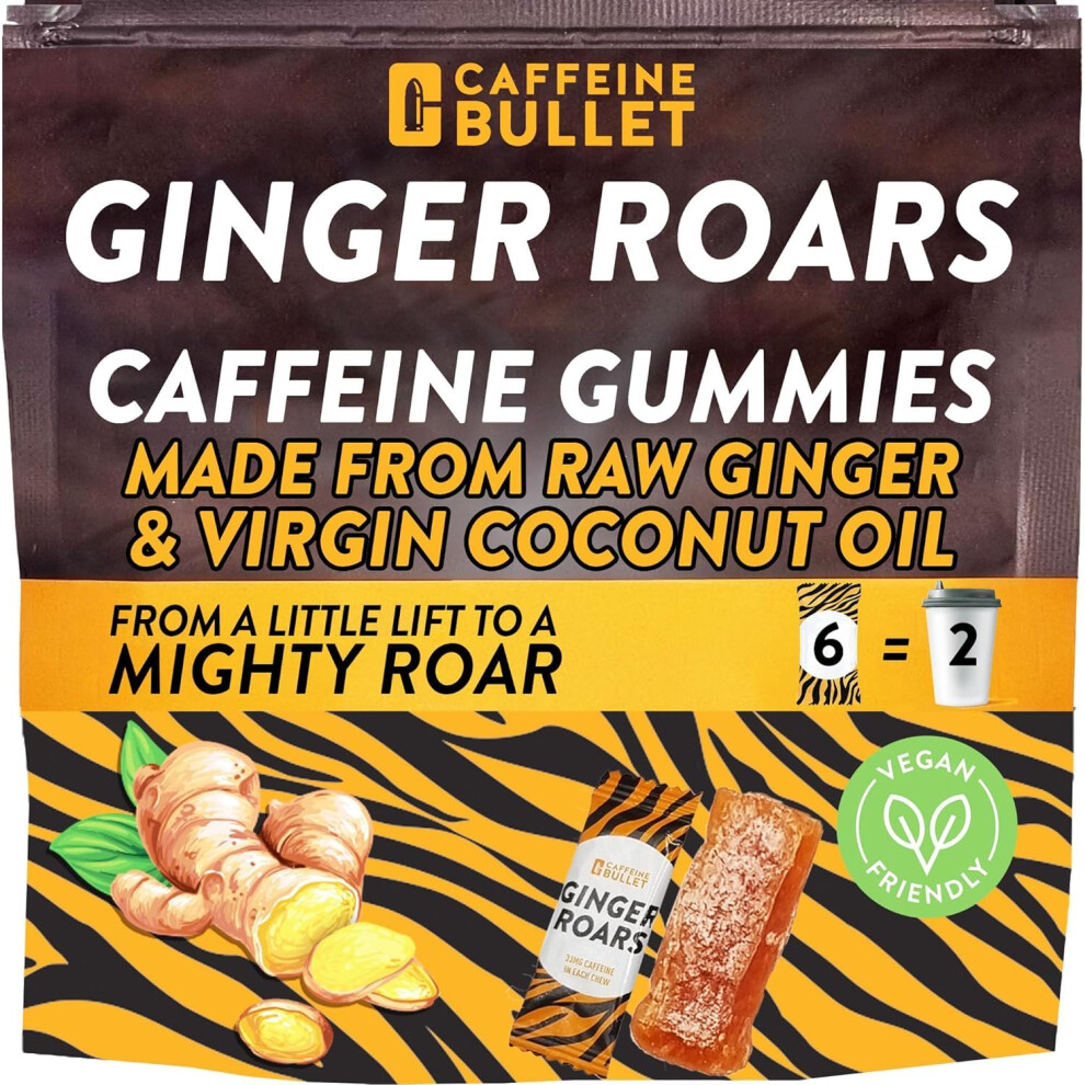 Caffeine Bullet Ginger Roars - Caffeine Chews - 36 Servings Each 33Mg With A Delicious Natural Flavour & Fiery Hint. Plant Based Energy Shots, A Vegan Healthy Snack