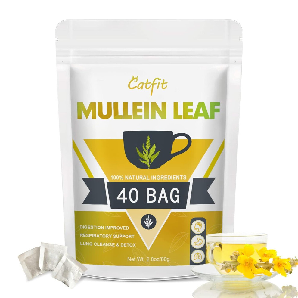 Catfit Mullein Leaf Herbal Tea, Mullen Tea For Respiratory, Lung Cleanse, Iymphatic Cleanse & Detox, Immune Support, Non-Gmo, No Caffeine, 40 Tea Bags