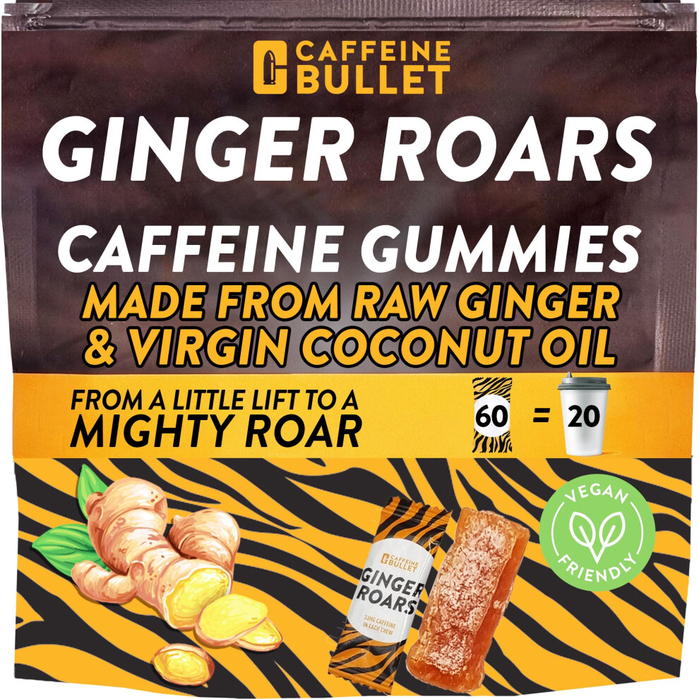 Caffeine Bullet Ginger Roars - 60 Energy Gummies - Vegan Caffeine Chews Each 33Mg, Made With A Tasty, Natural Fiery Kick For Improved Running, Cycling, Preworkout &