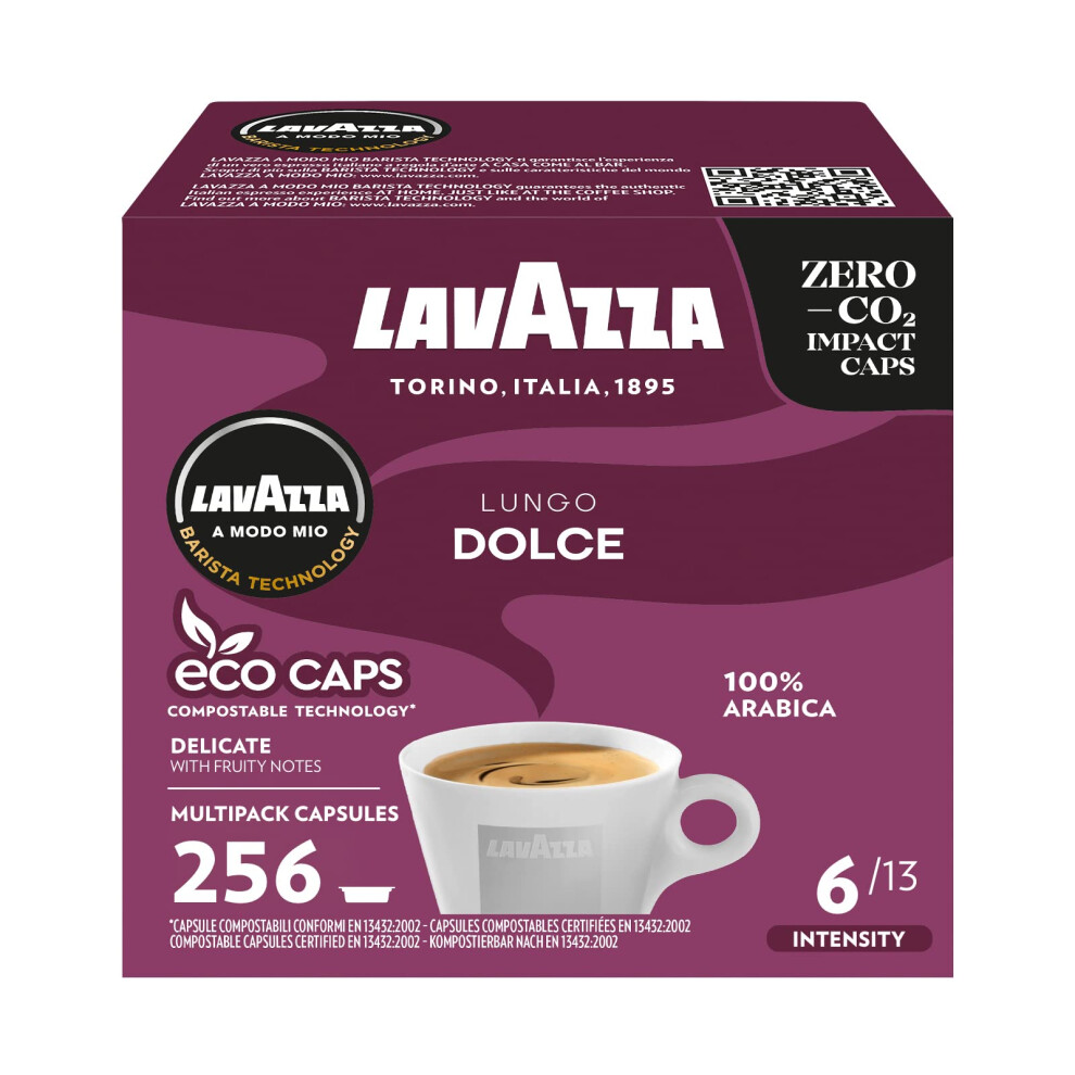 Lavazza A Modo Mio Lungo Dolce, 256 Coffee Capsules, With Aromatic Notes Of Dried Fruits, For A Sweet Espresso, 100% Arabica, Intensity 6/13, Medium