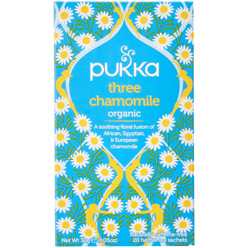 Pukka Herbs | Three Chamomile Organic Herbal Tea Box | Infusion With African, Egyptian & European Chamomile | Perfect For Calming | Caffeine Free | 4