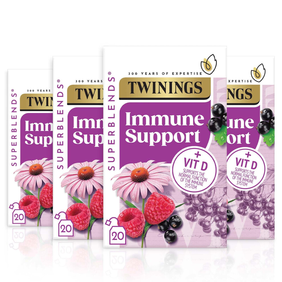 Twinings Superblends Immune Support Tea - Blackcurrant, Raspberry & Elderberry Herbal Tea Infusion With Echinacea Root & Vitamin D, 80 X Biodegradable