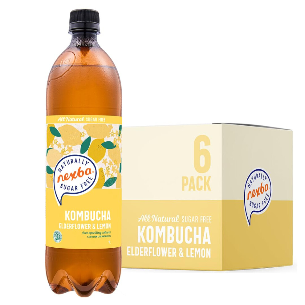 Nexba Naturally Sugar Free Elderflower & Lemon Kombucha, 1 Litre (Pack Of 6)