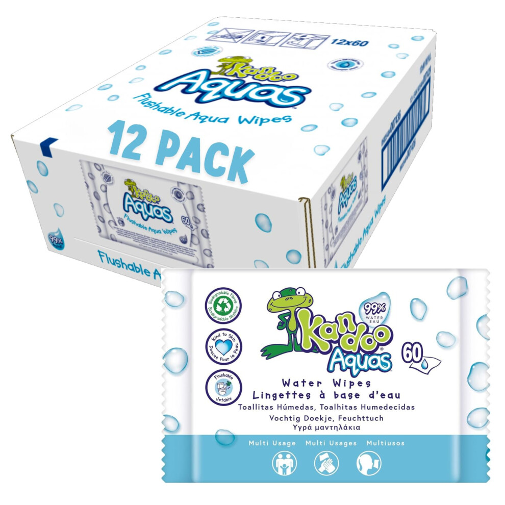 Aquas 99% Water Based Flushable Moist Toilet Tissues, 12 X 60 Wipes ( Total 720 Wipes), Biodegradable, Plastic Free, Toilet Training Wet Toilet Kandoo