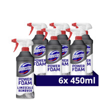 Domestos Power Foam Limescale Remover Toilet & Bathroom Cleaner Spray sprays upside down & eliminates 99.99% of germs* for 100% limescale removal