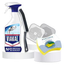 Vikal Limescale Remover Spray 500ml + Cleaning Sponge, Crevice Brush & 2 Silicone Drain Protectors | Bathroom Cleaner Tools | Kitchen Spray | Shower