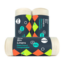 Seep Compostable 75 x 50 Litre Bin Bags - 50L Eco-Friendly Liners - Large Kitchen Biodegradable Clear Bags - 3 Rolls
