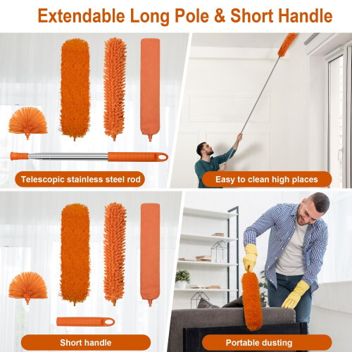 JEHONN Feather Duster Kit 8 PCS for Cleaning, 245 cm Extendable Long Handle Microfiber Cobweb Dusting Brush, Telescopic Dust Remover Tool for High 2