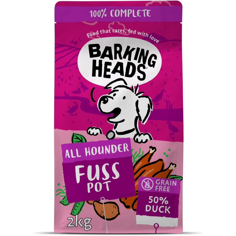 Barking Heads Complete Dry Dog Food 2Kg - Adult All Hounder Fuss Pot Duck - Natural Free Hypoallergenic For Fussy Eaters & Sensitive Stomachs Grain