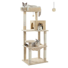 PAWZ Road Cat Tree 143cm, Big Cat Tower 56.3 Inches with Hammock and Lovely House, Activity Center Stable and Sturdy Size L Beige