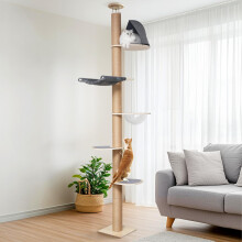 FUKUMARU Floor to Ceiling Cat Tree, 6 Level Adjustable Height Climbing Tower with Thickened Scratching Posts, Cat Activity Center with Transparent