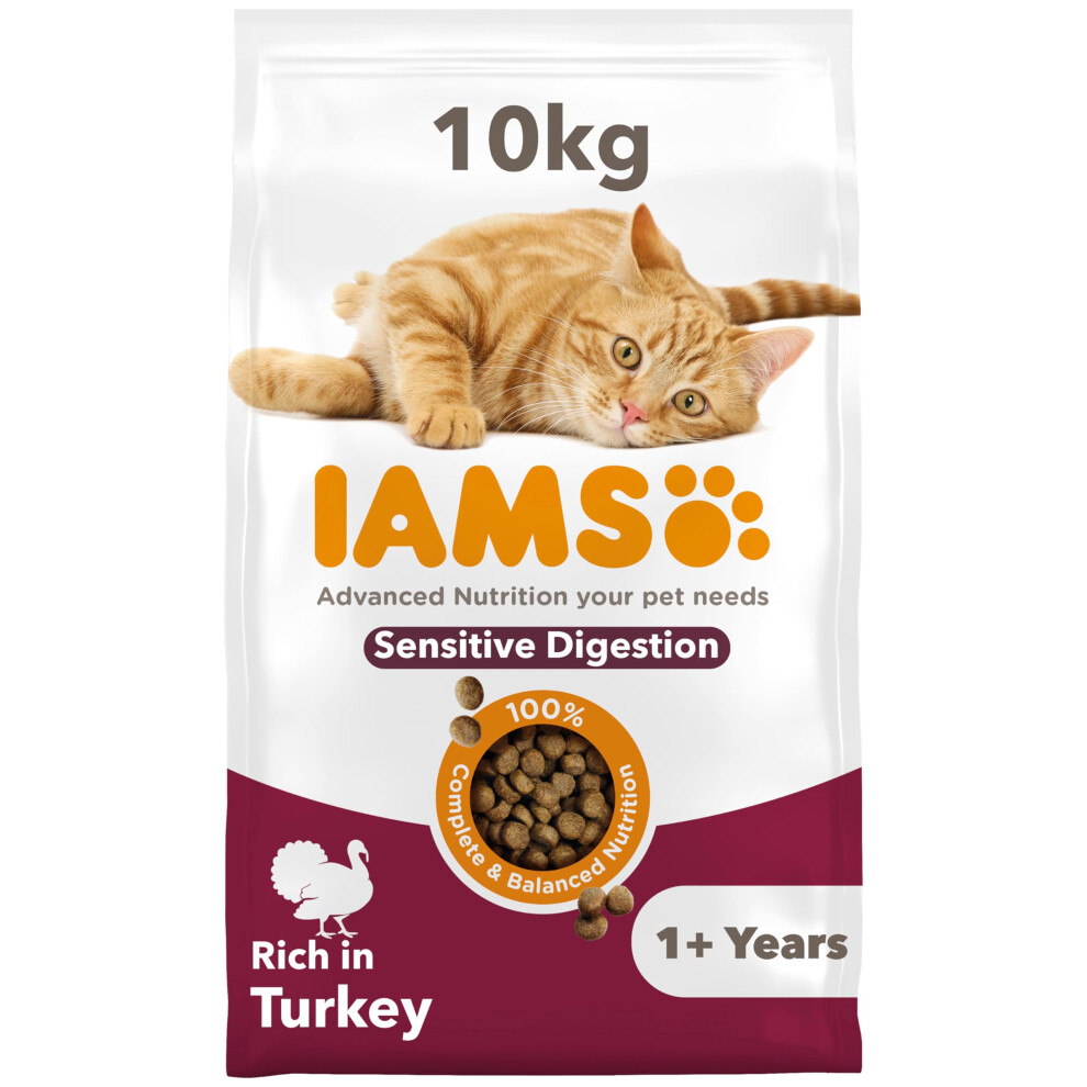 Iams Sensitive Digestion Complete Dry Cat Food Turkey 10Kg - With Prebiotics