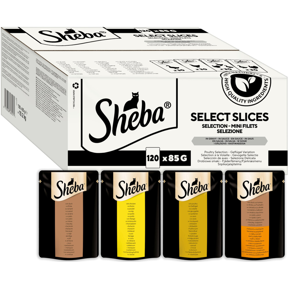 Sheba Select Slices Cat Food Pouch For Adult Cats With Duck, Turkey, Chicken And Poultry In Gravy 120X85g