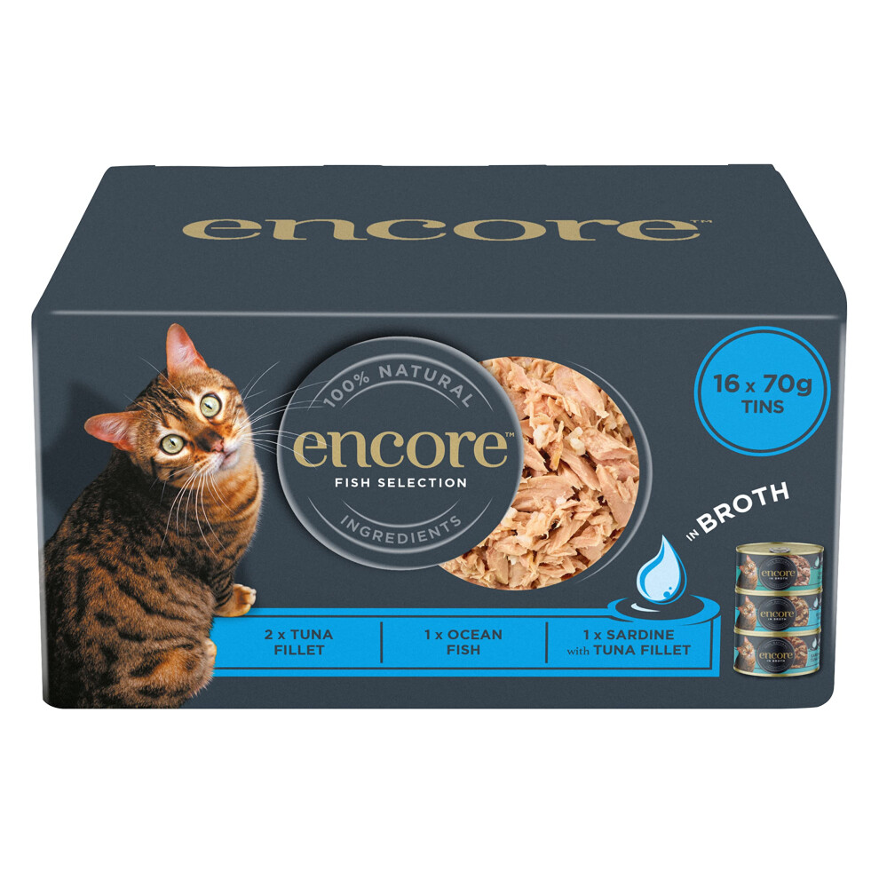 Encore 100% Natural Wet Cat Food, Multipack Fish Selection In Broth 70G Tin (16 Pack)