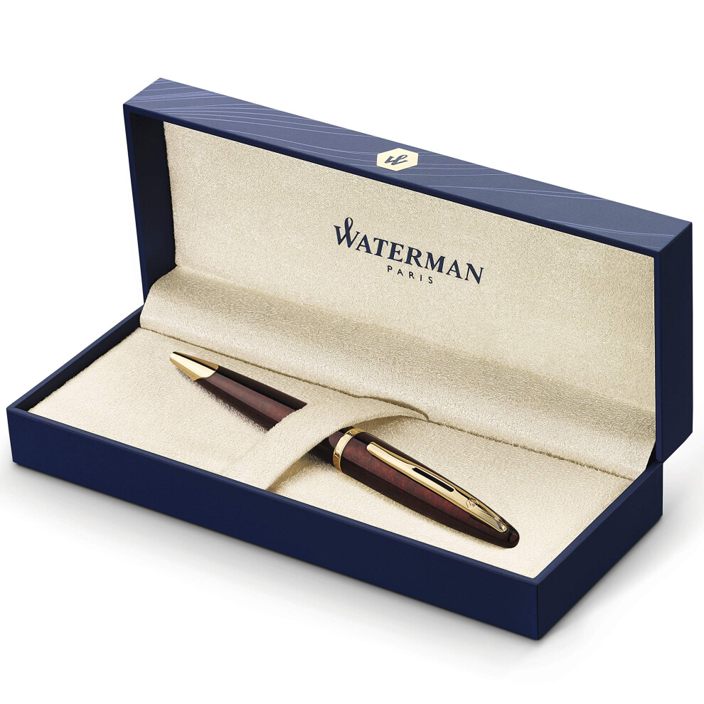 Waterman Car?Ne Marine Ballpoint Pen | Gloss & With 23K Gold Clip | Medium Point With Blue Ink Cartridge | Gift Box Amber/Brown/Black