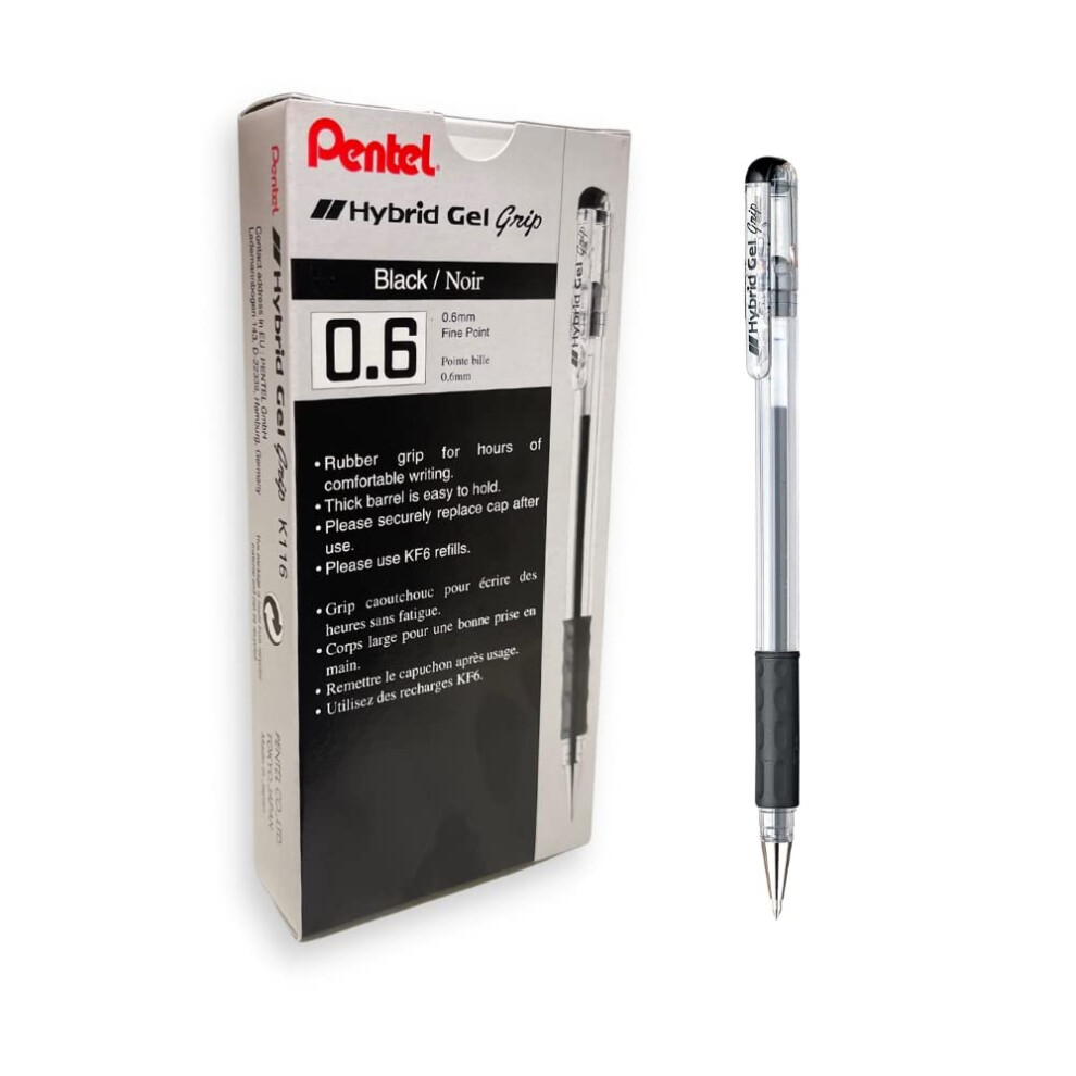 Pentel Hybrid Gel Grip Rollerball Pen 0.6Mm Tip 0.3Mm Line Ref K116-Ae [Pack Of 12] Black