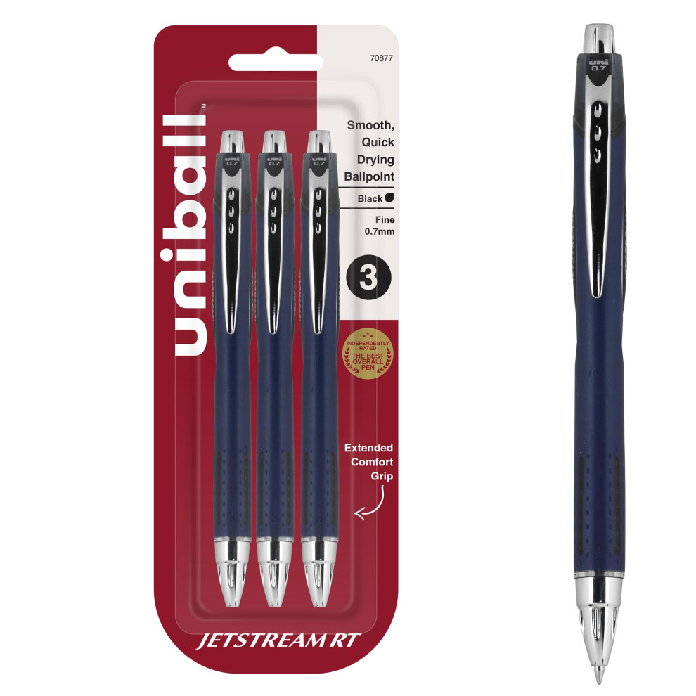 Uni-Ball Jetstream Retractable Ball Point Pens,0.7Mm, Black Ink, 3-Count