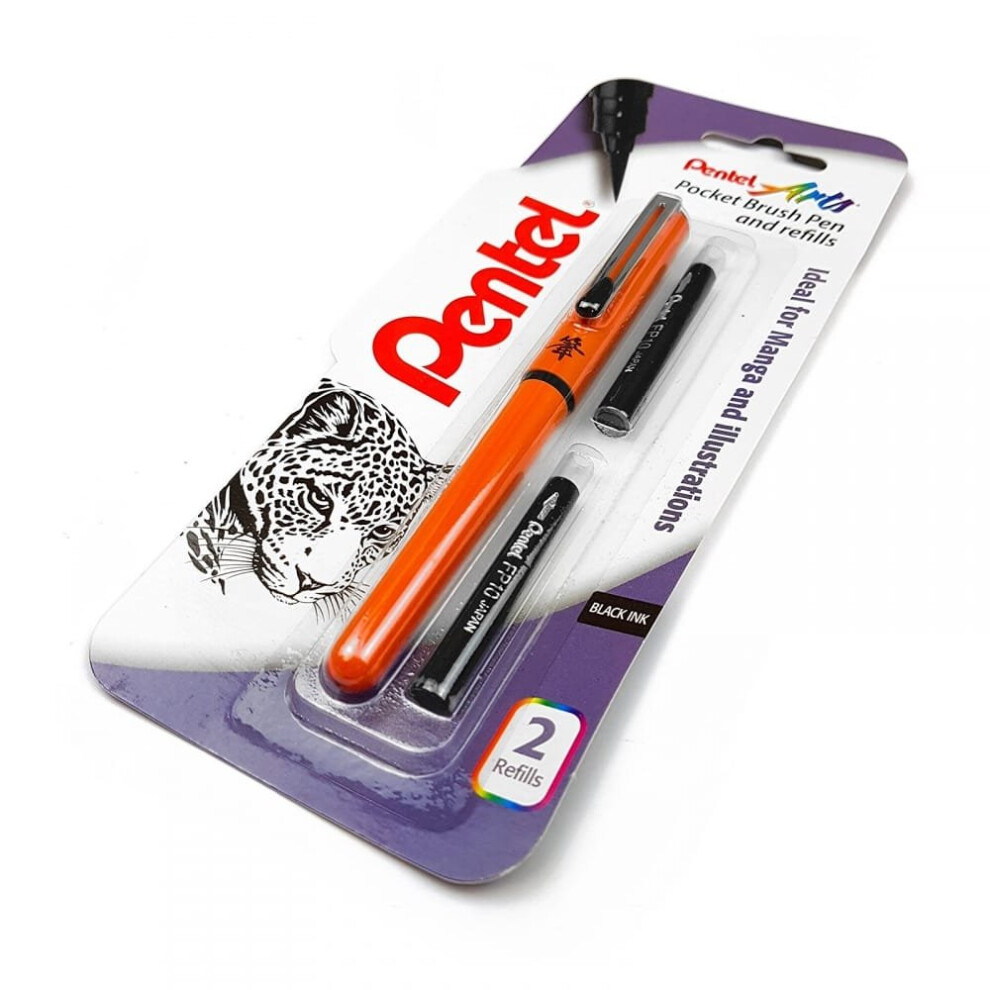 Pentel Refillable Pocket Brush Pen - With 2 Ink Cartridges - Barrel Black/Orange