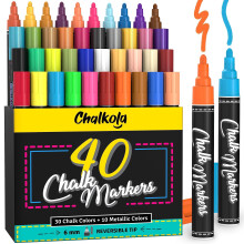 Chalkola Liquid Chalk Pens for Blackboard, Chalkboard, Whiteboard, Window, Labels, Glass, Board - Pack of 40 (Neon, Pastel & Metallic) Paint Colours -