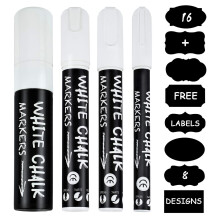 Ulifeme White Chalk Marker Pens, 3mm, 6mm, 10mm and 15mm Chalk Markers, Dry or Wet Wipe Liquid Ink Pen, 4pcs Chalks Set + 16pcs Chalkboard Lables,