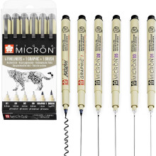 SAKURA Pigma Micron - Fineliner Pigment Pens - 01/03/05/08/Graphic/Brush - Pack of 6 - Black Ink