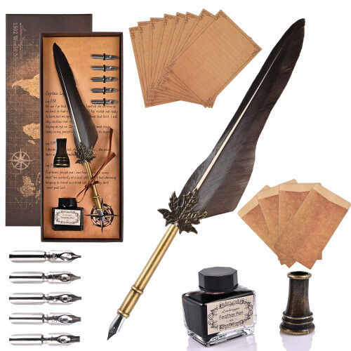 GOLDGE Quill Feather Pen Set - Antique Dip Calligraphy Writing Ink With ...