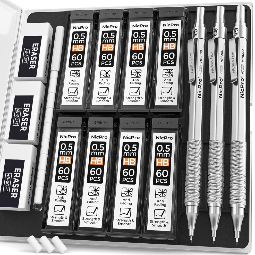 Nicpro 0.5 Mechanical Pencil Set with Case, 3PCS MP1000 Metal Artist Pencil & 8 Tube HB Lead Refills 0.5mm, 3 Erasers,9 Eraser Refills For Architect-image-OPC-PK66D2V-NEW
