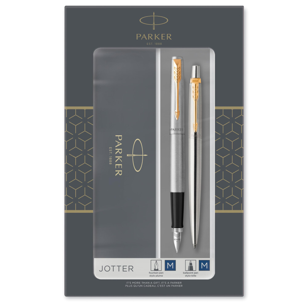 Parker Jotter Duo Gift Set With Ballpoint Pen & Fountain Pen | Stainless Steel With Trim | Ink Refill & Cartridges | Gift Box Gold/Blue
