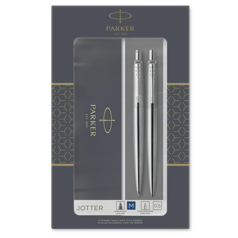Parker Jotter Duo Gift Set With Ballpoint Pen & Mechanical Pencil (0.5Mm) Stainless Steel With Chrome Trim Handwriting Pens & Stationery Supplies