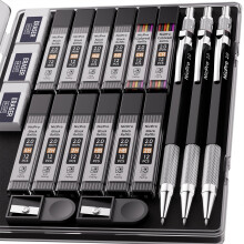 Nicpro 2mm Metal Mechanical Pencil Set with Case, 3PCS Lead Pencil Holder 2.0 mm with 144PCS Lead Refills (4H 2H HB 2B 4B 6B Color), Eraser, Sharpener
