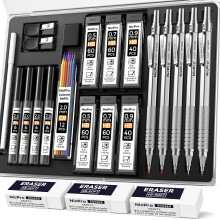 Nicpro 22PCS Metal Mechanical Pencil Set in Case, Art Drafting Pencil 0.5, 0.7, 0.9 mm & 2 PCS 2mm Mechanical Drawing Pencils with 396PCS Leads (4B 2B