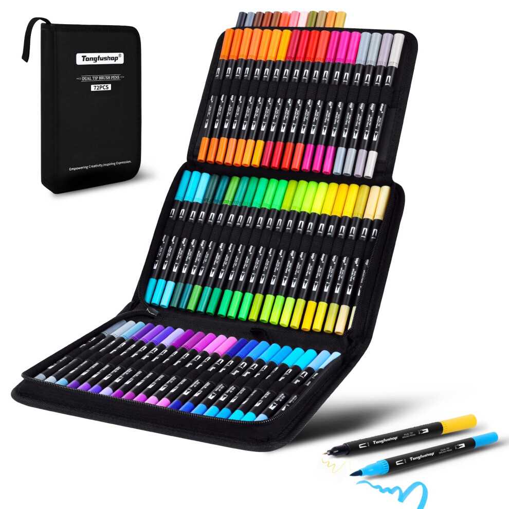 Tongfushop Dual Tip Brush Pen Set, 72 Colours, Double-Sided, Watercolour Marker, Fineliner Set, 1-5 Mm/Fineliner 0.4 Mm Felt Tip Pens Thickness And