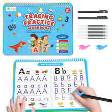 D-FantiX Large Magic Groove Practice Copybook with Pens, 4 in 1 Reusable Grooved Handwriting Workbooks, Number Alphabet Tracing Books for Kids Ages