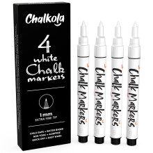 Extra Fine Tip White Chalk Pens (4 Pack 1mm Nib) - White Dry Erase Chalk Ink Markers for Blackboard, Chalkboard, Windows, Signs, Glass - Water Based,