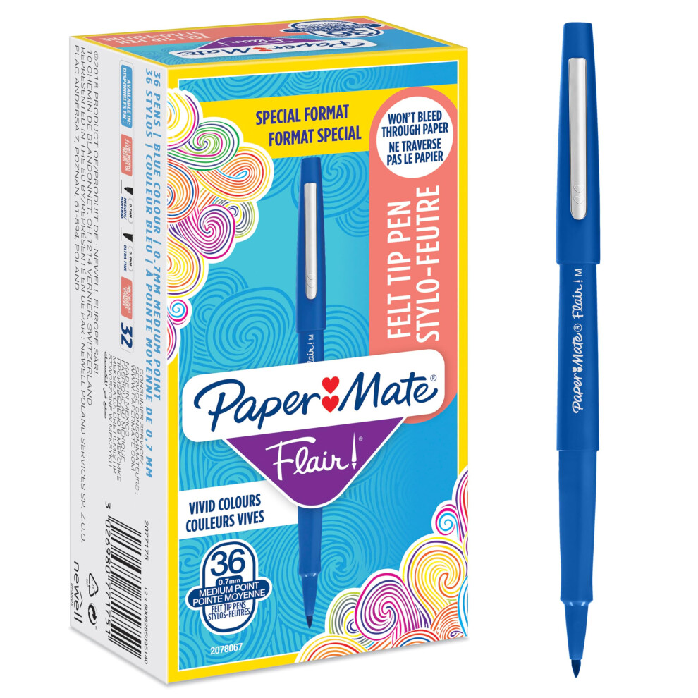 Paper Mate Flair Felt Tip Pens | Medium Point (0.7 Mm) Writing Pens | Pens | For Writing, Drawing & Sketching | 36 Count Blue